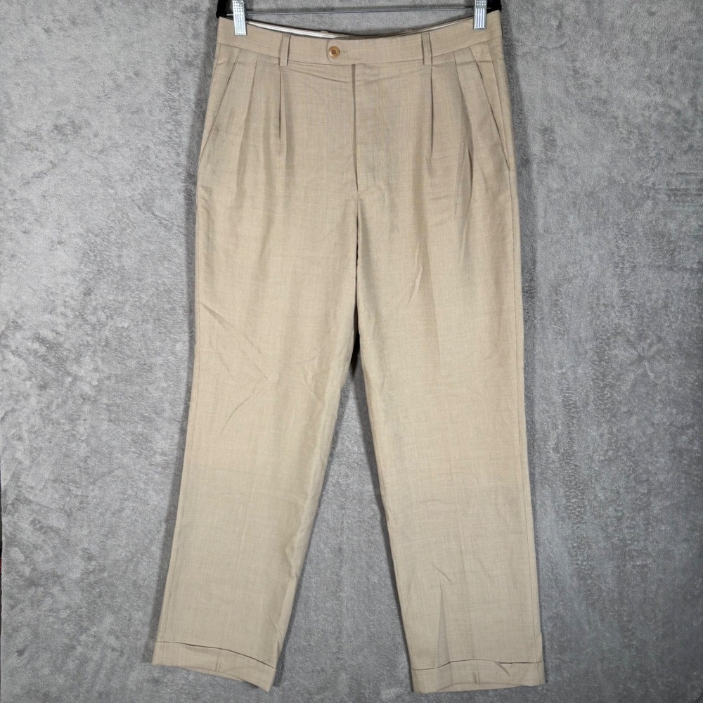 Zanella Bennett Tan Wool Pleated Dress Pants Mens 32 Made in Italy Cuffed 34x31